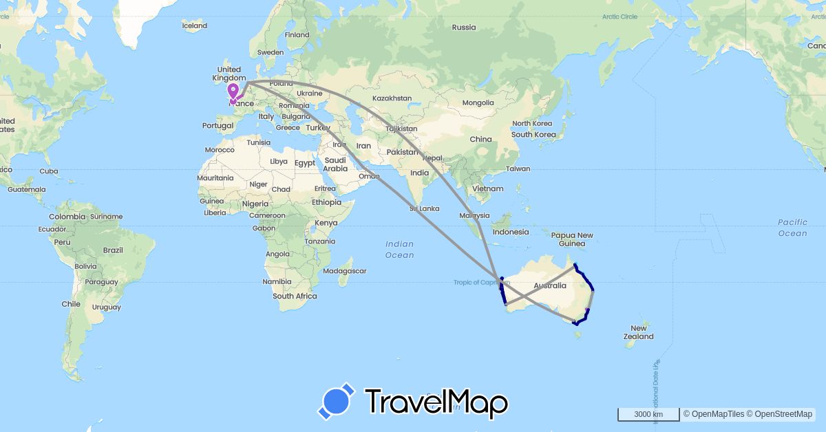 TravelMap itinerary: driving, bus, plane, cycling, train, hiking, boat in United Arab Emirates, Australia, France, Netherlands, Singapore (Asia, Europe, Oceania)