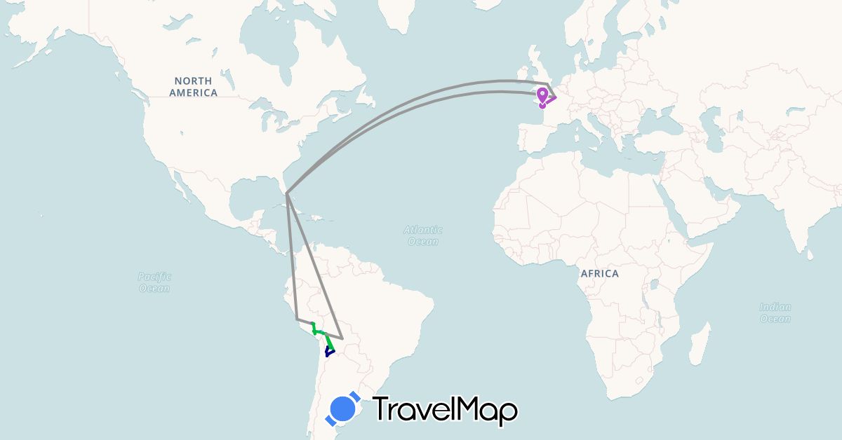 TravelMap itinerary: driving, bus, plane, train, hiking, boat in Bolivia, France, United Kingdom, Peru, United States (Europe, North America, South America)