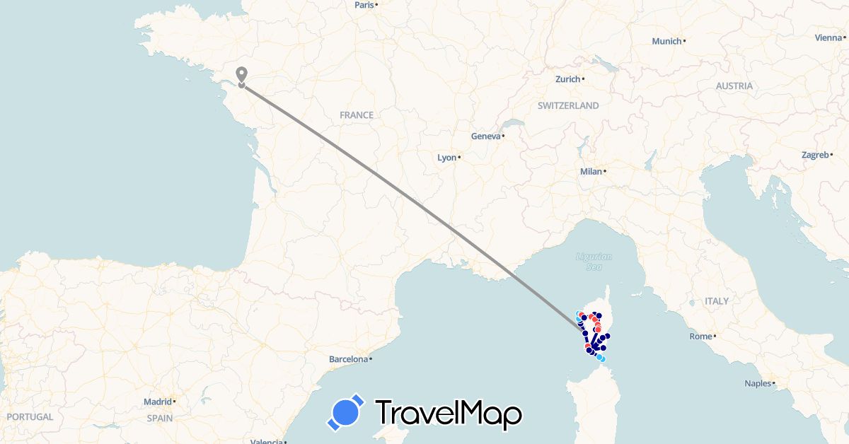 TravelMap itinerary: driving, plane, hiking, boat in France (Europe)