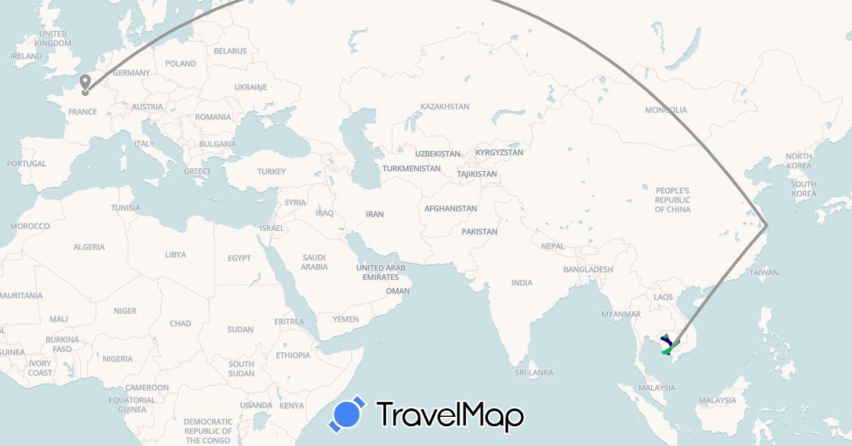 TravelMap itinerary: driving, bus, plane, cycling, hiking, boat, motorbike in China, France, Cambodia (Asia, Europe)
