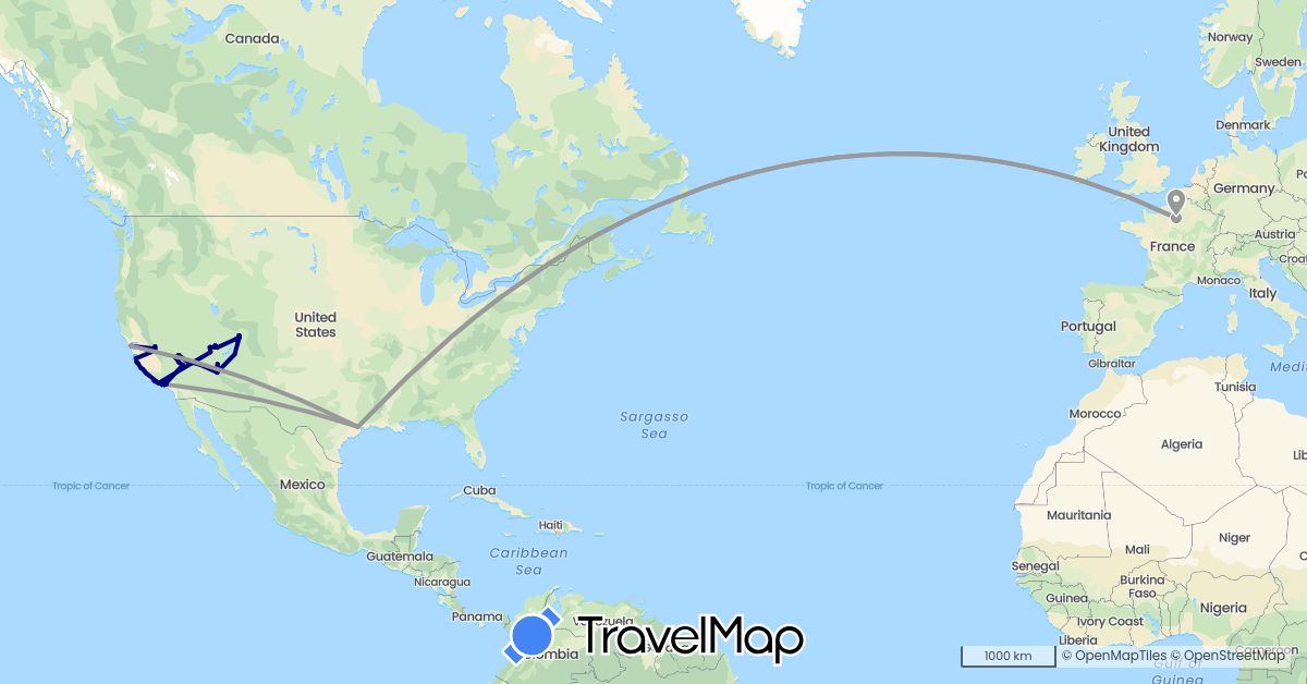 TravelMap itinerary: driving, plane, cycling, hiking, boat in France, United States (Europe, North America)