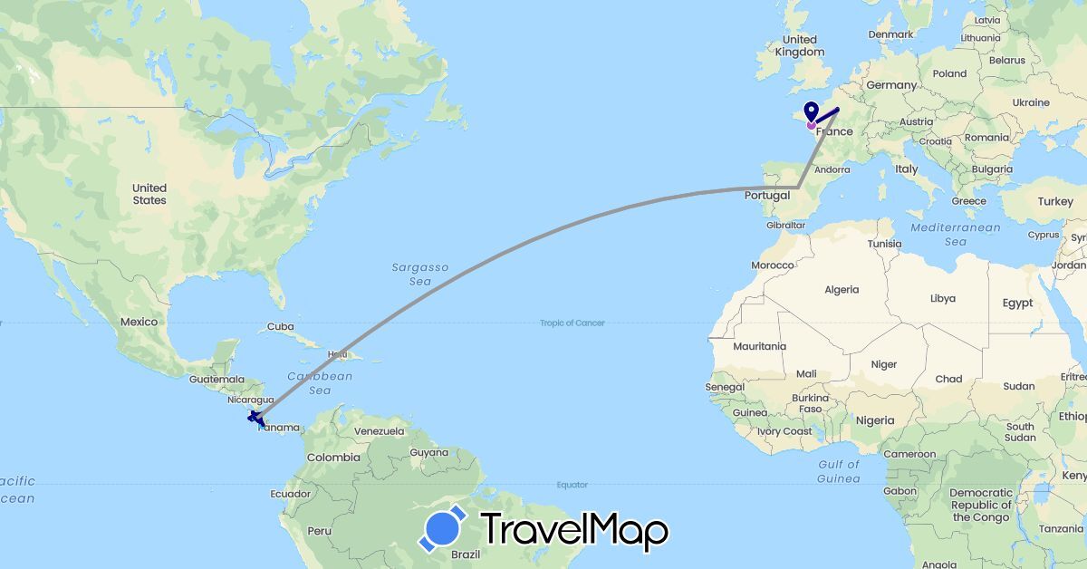 TravelMap itinerary: driving, bus, plane, train, hiking, boat in Costa Rica, Spain, France (Europe, North America)