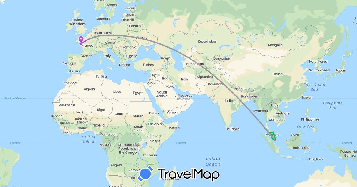 TravelMap itinerary: driving, bus, plane, train, boat, motorbike in Germany, France, Malaysia, Singapore (Asia, Europe)